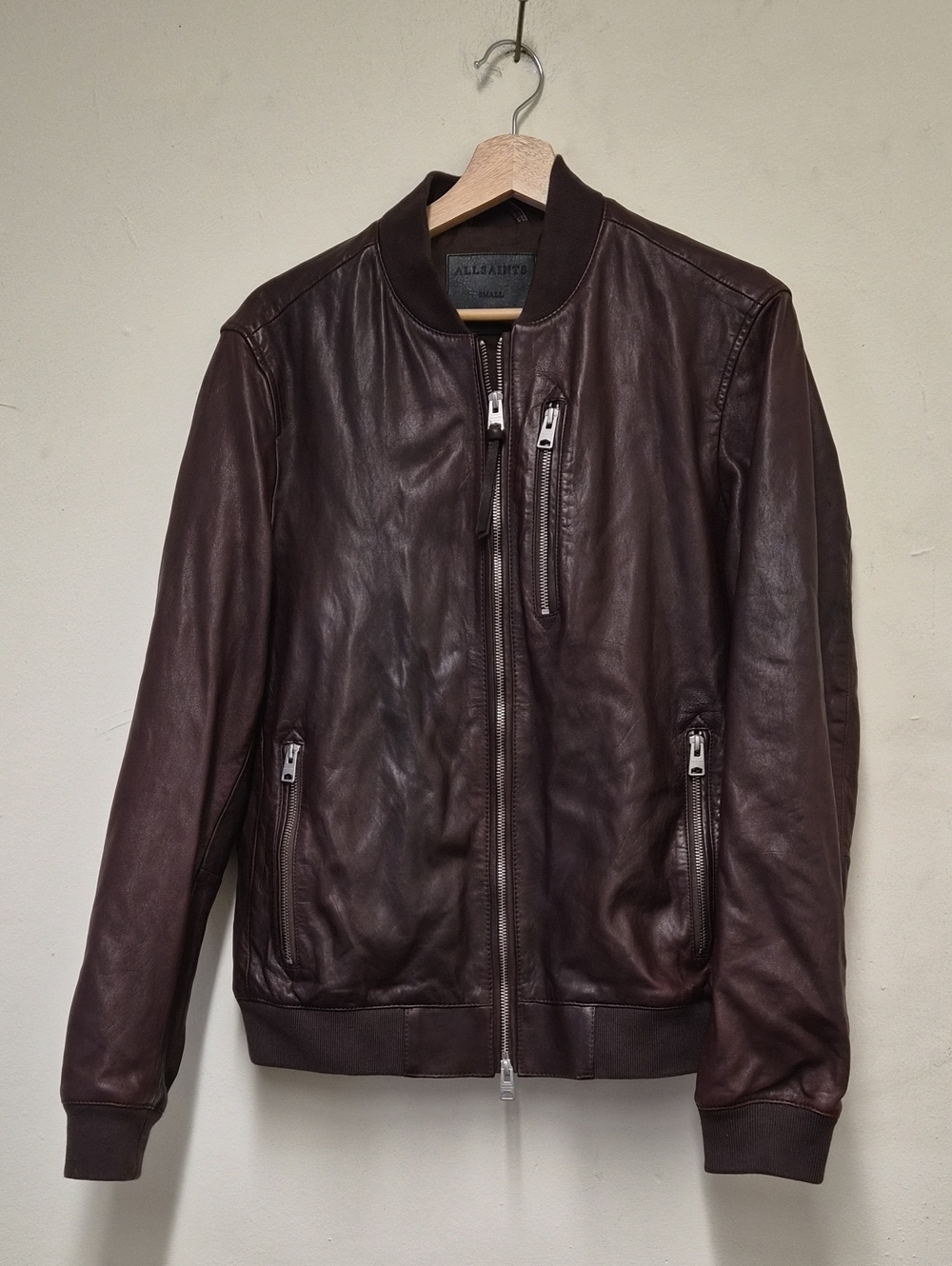 All Saints Men’s Brown Leather Bomber Jacket Size S